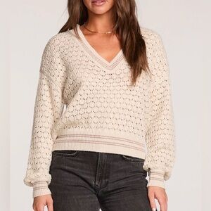 NEW SALTWATER LUXE Kaius Shimmer V-Neck Sweater in Cream Sz Small Wool Blend